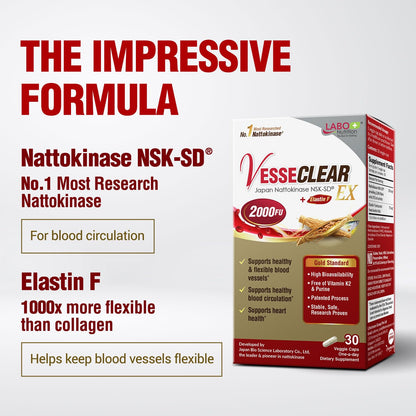 LABO Nutrition VesseCLEAR EX: Nattokinase NSK-SD + Elastin F for Clean & Flexible Blood Vessels — 90 Capsules