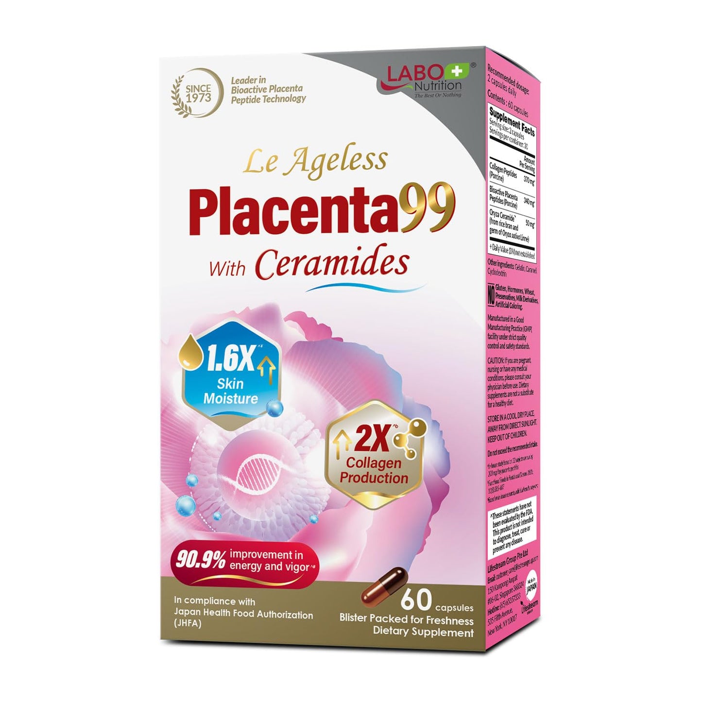 LABO Nutrition Le Ageless Placenta 99 with Ceramides - Placenta Supplement, 60 Capsules