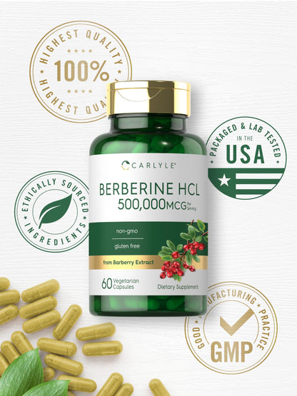 Carlyle Berberine HCL Supplement | 500,000mcg | 60 Capsules | Vegetarian, Non-GMO, Gluten Free