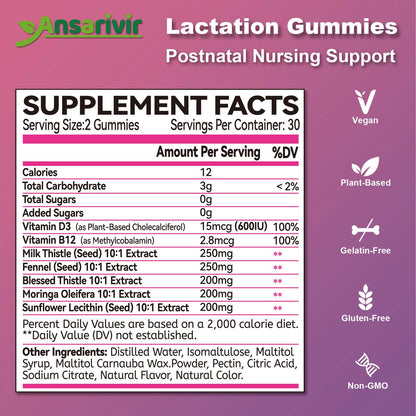 Lactation Gummies – Moringa, Fennel, Milk Thistle, D3 & B12 – 60 Gummies for Breastfeeding & Milk Supply