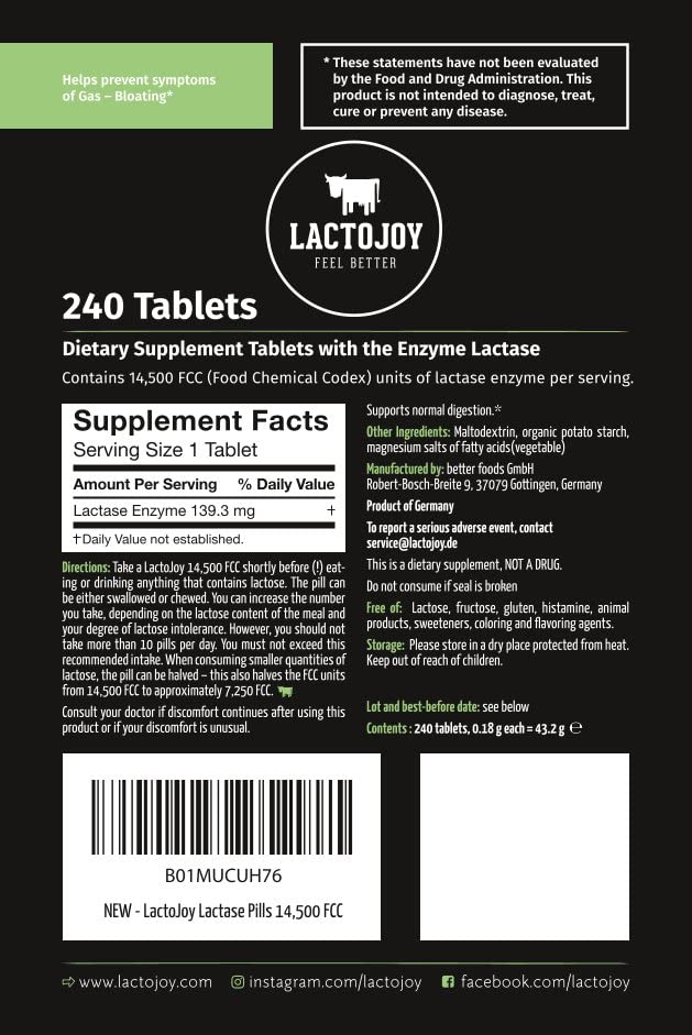LactoJoy Lactase Pills 14,500 FCC | Vegan, Fast-Acting Enzymes | 240-Piece Refill Pack