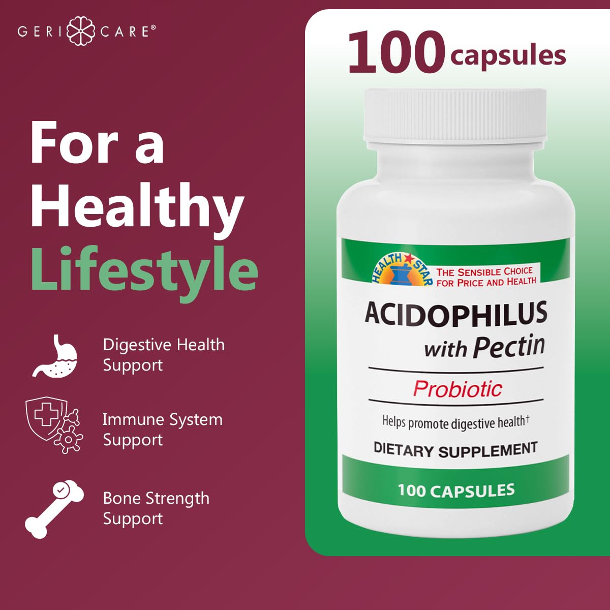 GeriCare Acidophilus with Pectin Probiotic Capsules – Digestive Health, Immunity & Bone Support | 100 Count
