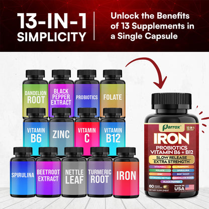 Parrox Elemental Iron 13-in-1 – Slow-Release Iron, Probiotics, B Vitamins, Beetroot & Turmeric (3-Pack, 60 Capsules)