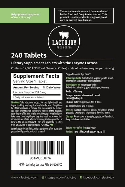 LactoJoy Lactase Pills 14,500 FCC | Vegan, Fast-Acting Enzymes | 240-Piece Refill Pack