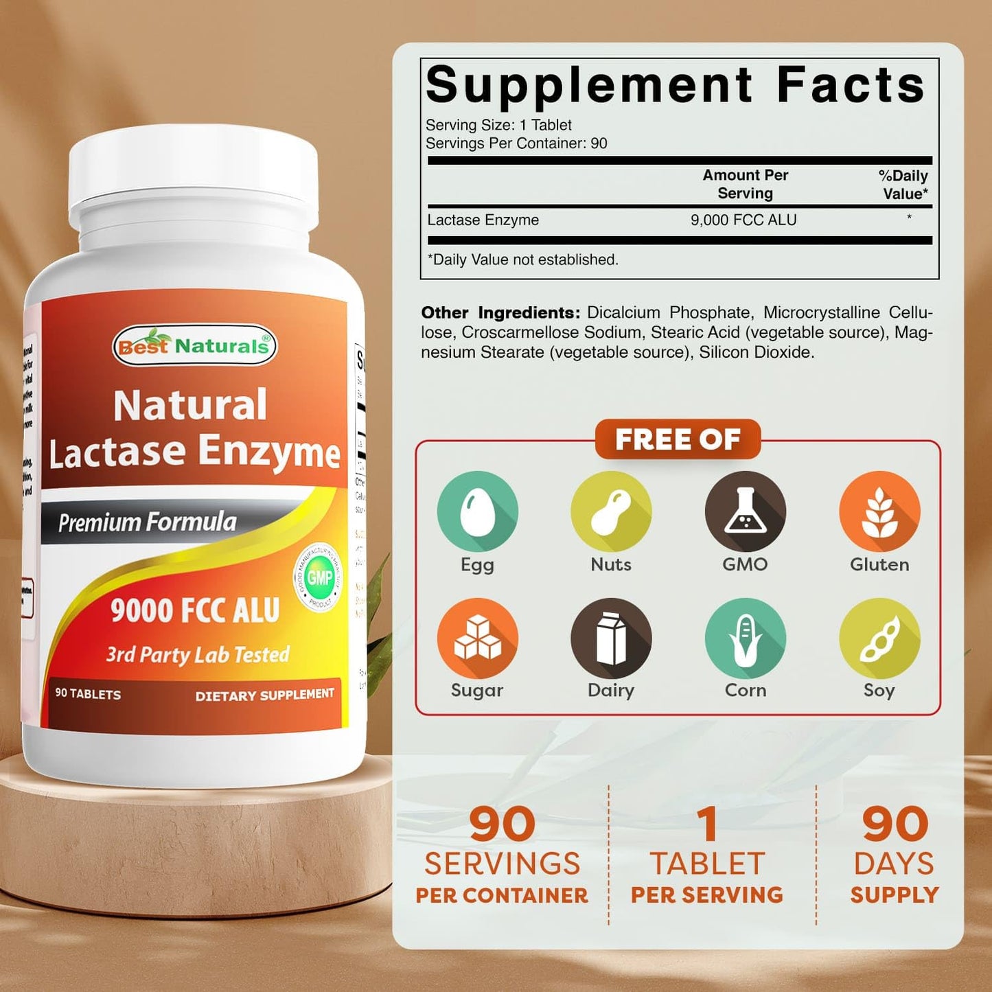 Best Naturals Lactase Enzyme Tablets for Lactose Intolerance - 9000 FCC ALU, 90 Count