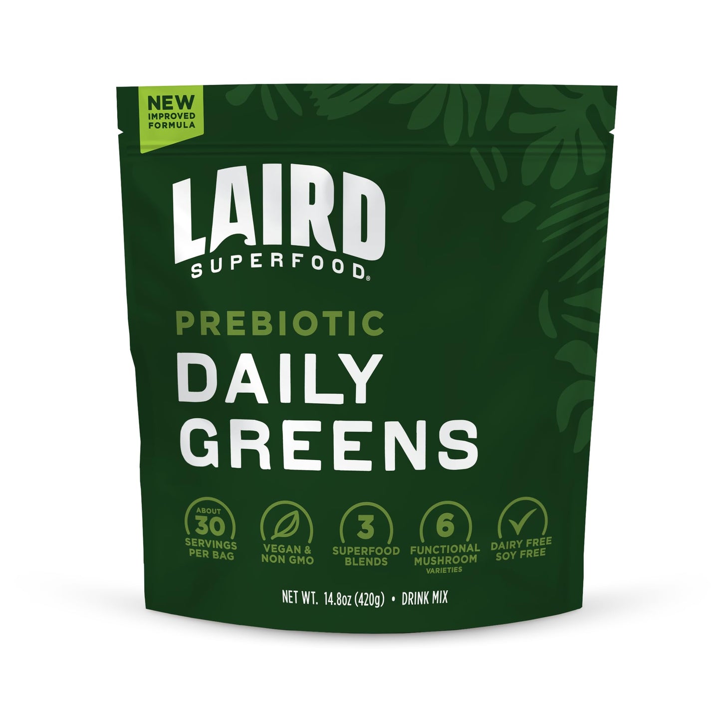 Laird Superfood Prebiotic Daily Greens Powder – Essential Vitamins & Minerals, Prebiotic Fiber, Adaptogen & Fruits & Vegetables – Non-GMO, Vegan, 14.8 oz
