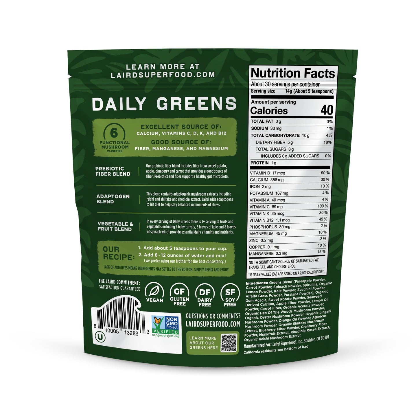 Laird Superfood Prebiotic Daily Greens Powder – Essential Vitamins & Minerals, Prebiotic Fiber, Adaptogen & Fruits & Vegetables – Non-GMO, Vegan, 14.8 oz