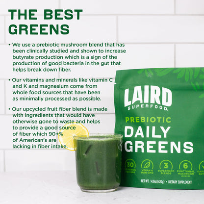 Laird Superfood Prebiotic Daily Greens Powder – Essential Vitamins & Minerals, Prebiotic Fiber, Adaptogen & Fruits & Vegetables – Non-GMO, Vegan, 14.8 oz