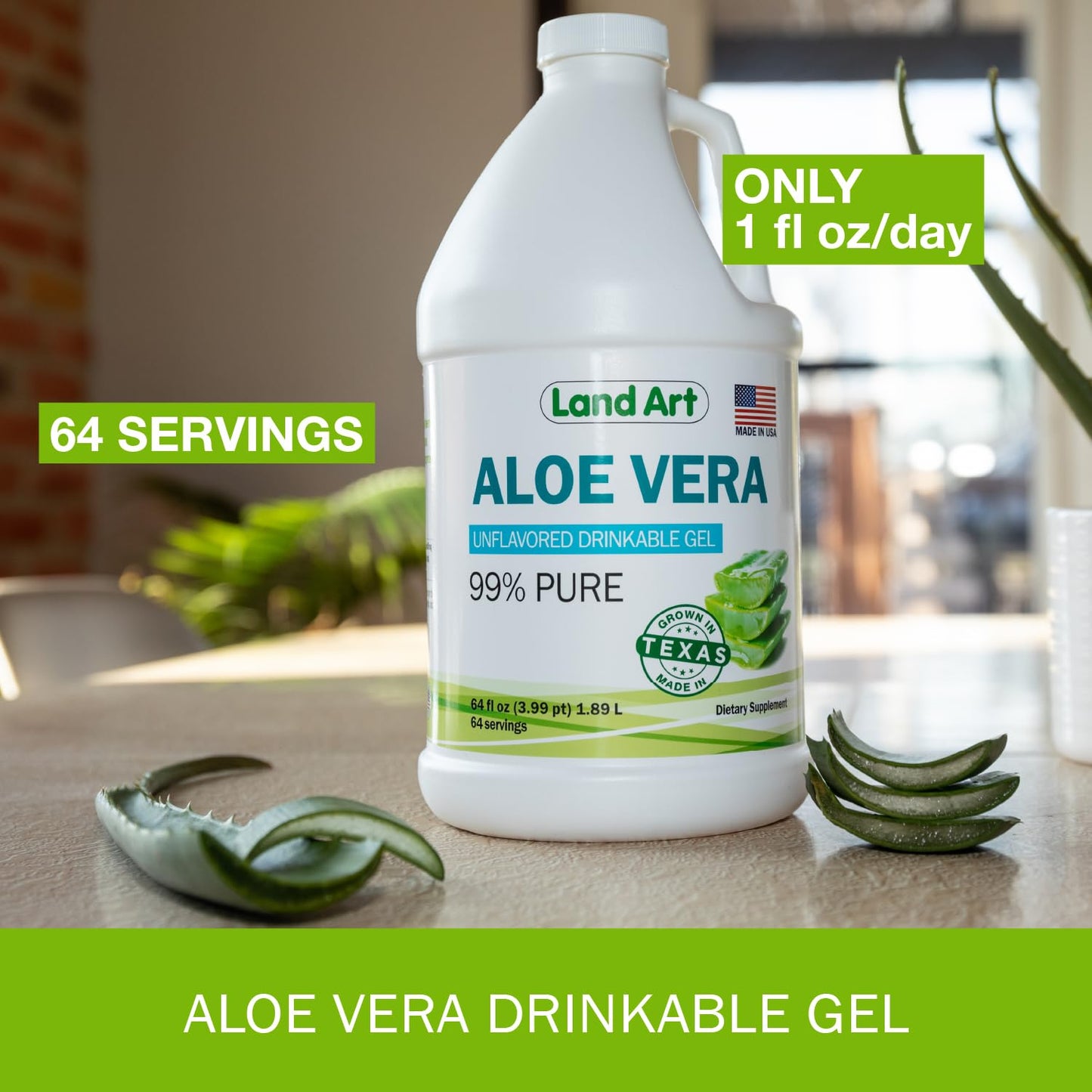 Land Art Organic Aloe Vera Drinkable Gel – 99.7% Pure, Cold-Processed, Digestive Support (64 oz x 2)