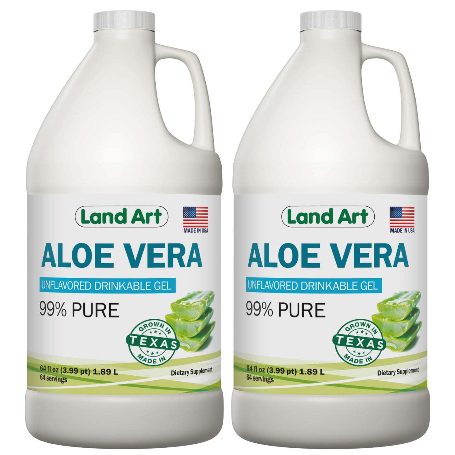 Land Art Organic Aloe Vera Drinkable Gel – 99.7% Pure, Cold-Processed, Digestive Support (64 oz x 2)