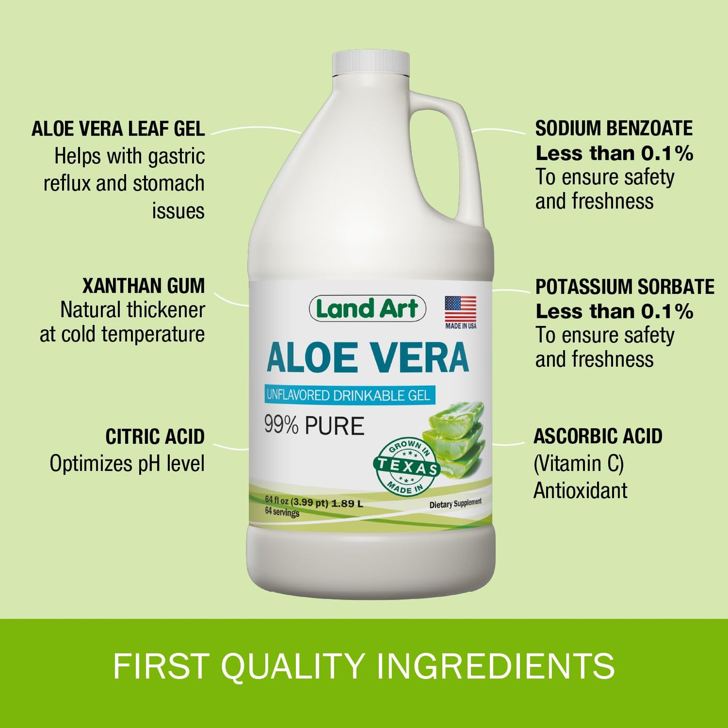 Land Art Organic Aloe Vera Drinkable Gel – 99.7% Pure, Cold-Processed, Digestive Support (64 oz x 2)