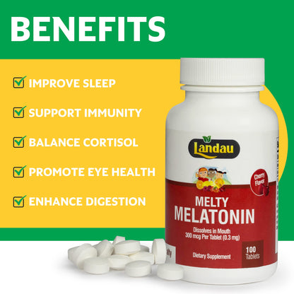 Landau Melty Melatonin 0.3mg (300 mcg) – Cherry, Fast-Dissolving Sleep Aid | 100 Tablets, Kosher, Made in USA