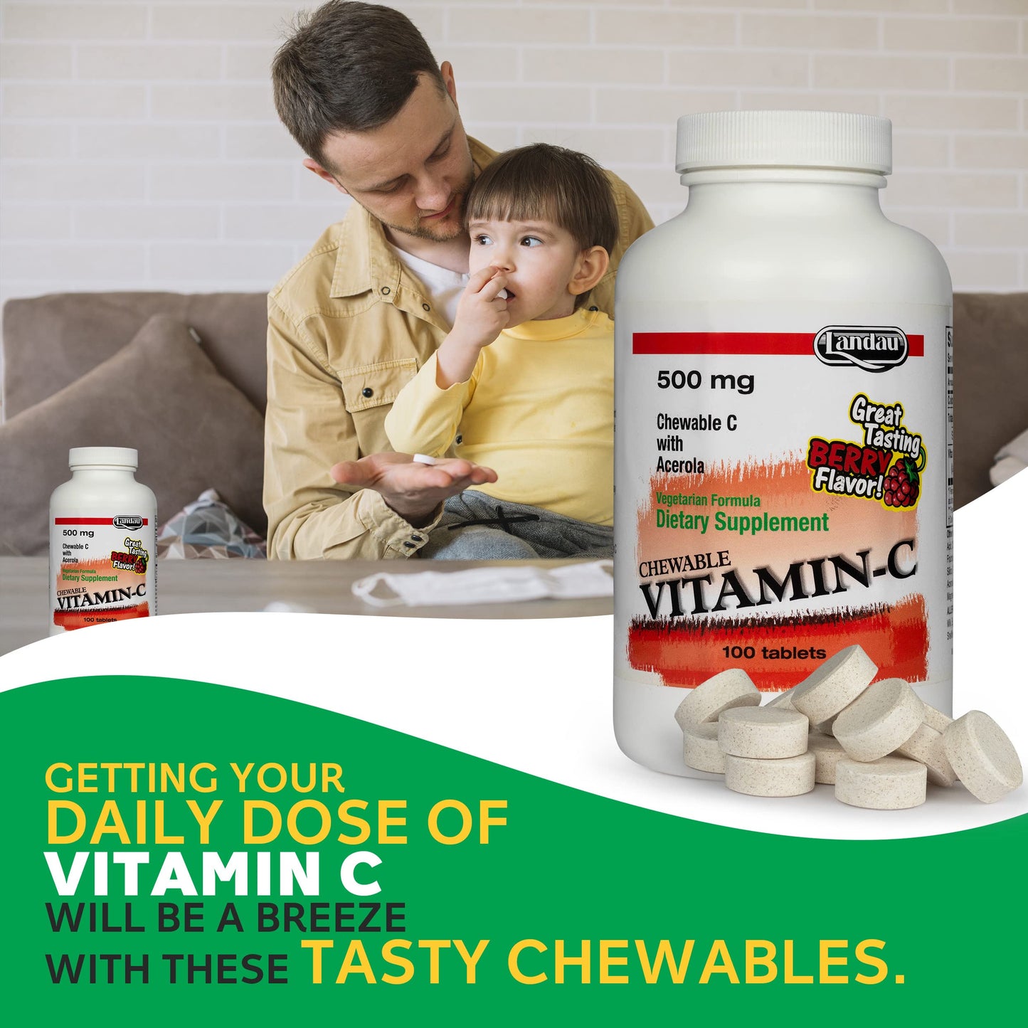 Landau 500mg Vitamin C Chewables – Berry Flavor, Kosher & Made in USA (100 Tablets)