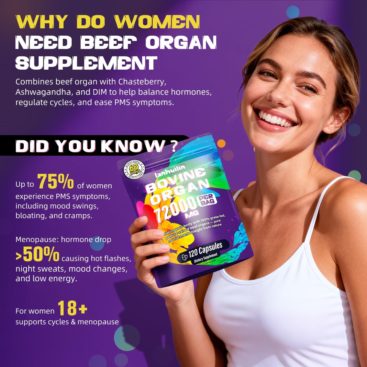 Lanhuilin Beef Organ Supplement for Women – Grass-Fed Liver, Kidney, Heart & More (120 Caps)