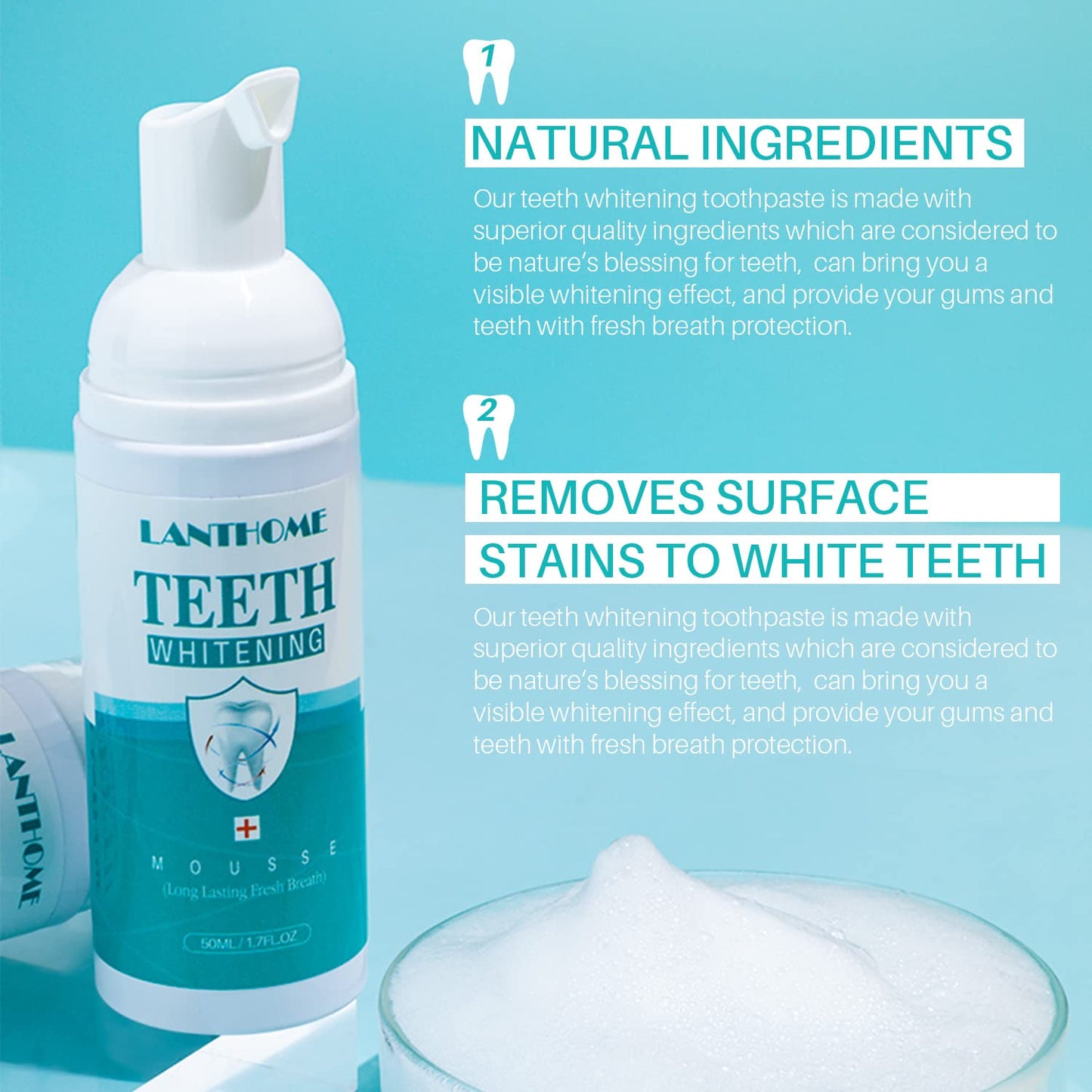LANTHOME White Foam Teeth Whitening Foam (3PCS) – Easy to Use Tooth Whitener Mousse