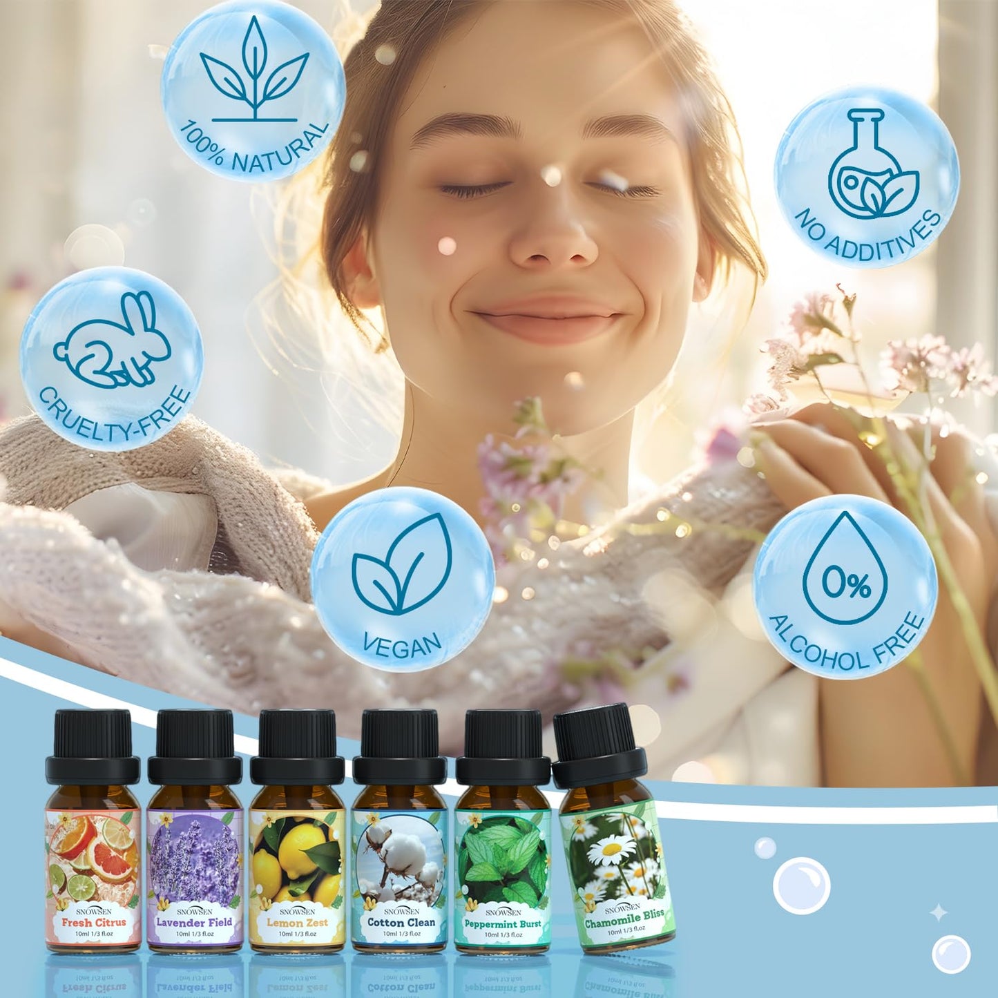 SNOWSEN Laundry Fragrance Oils Set – Diffuser Essential Oils (Cotton Clean, Lavender Field, Chamomile Bliss, Fresh Citrus, Peppermint Burst, Lemon Zest)