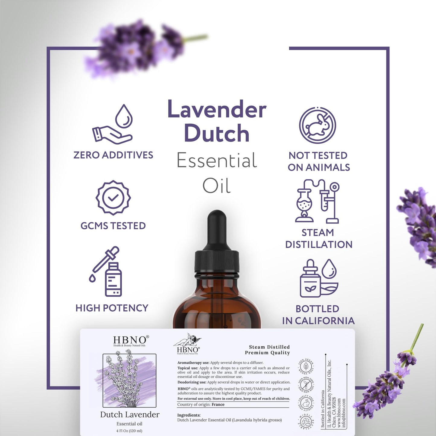 HBNO California Bottled Dutch Lavender Essential Oil 4 fl oz (120ml) - Natural Lavender Oil for Skin, Cleaning, Aromatherapy, DIY & Diffuser