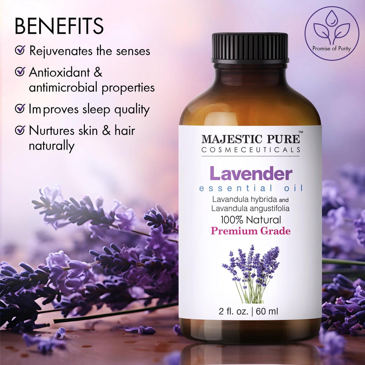 Majestic Pure Lavender Essential Oil 2 oz – 100% Pure & Natural, Glass Dropper