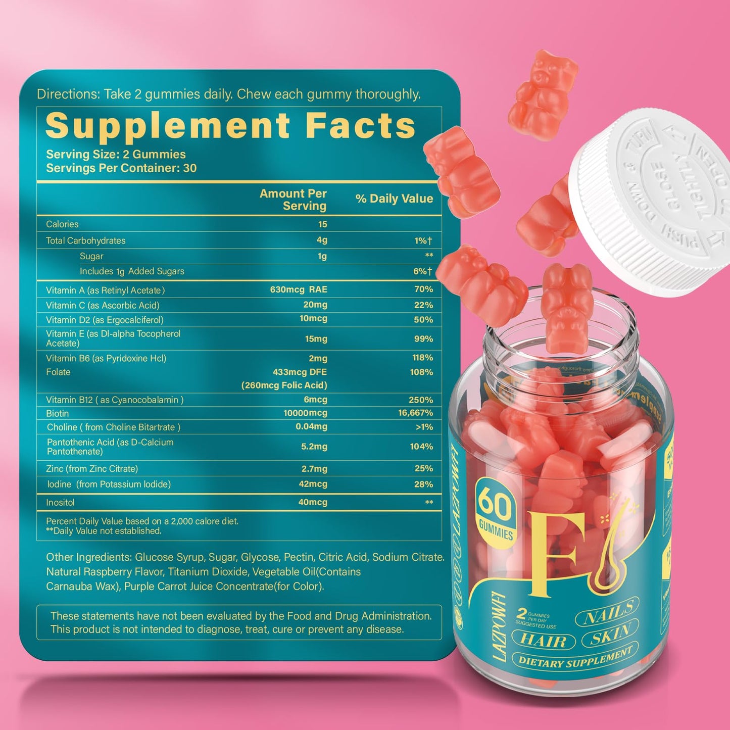 Lazpowfi Biotin Gummies – Vegan Vitamin B7 for Hair, Skin & Nails | 60-Day Two-Pack, Strawberry