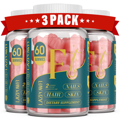 Lazpowfi Biotin Gummies - Vegan Hair, Skin & Nails Vitamins (90-Day Raspberry 3-Pack)