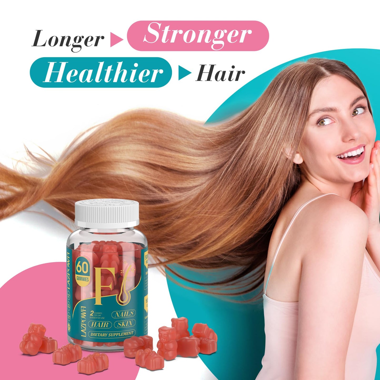 Lazpowfi Biotin Gummies – Vegan Vitamin B7 for Hair, Skin & Nails | 60-Day Two-Pack, Strawberry
