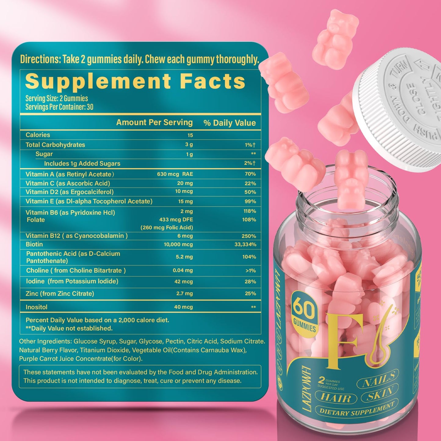 Lazpowfi Biotin Gummies - Vegan Hair, Skin & Nails Vitamins (90-Day Raspberry 3-Pack)