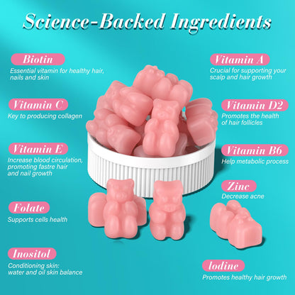 Lazpowfi Biotin Gummies - Vegan Hair, Skin & Nails Vitamins (90-Day Raspberry 3-Pack)