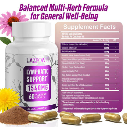 Lazpowfi Lymphatic Drainage Supplement – 120 Capsules with Echinacea, Dandelion & Turmeric