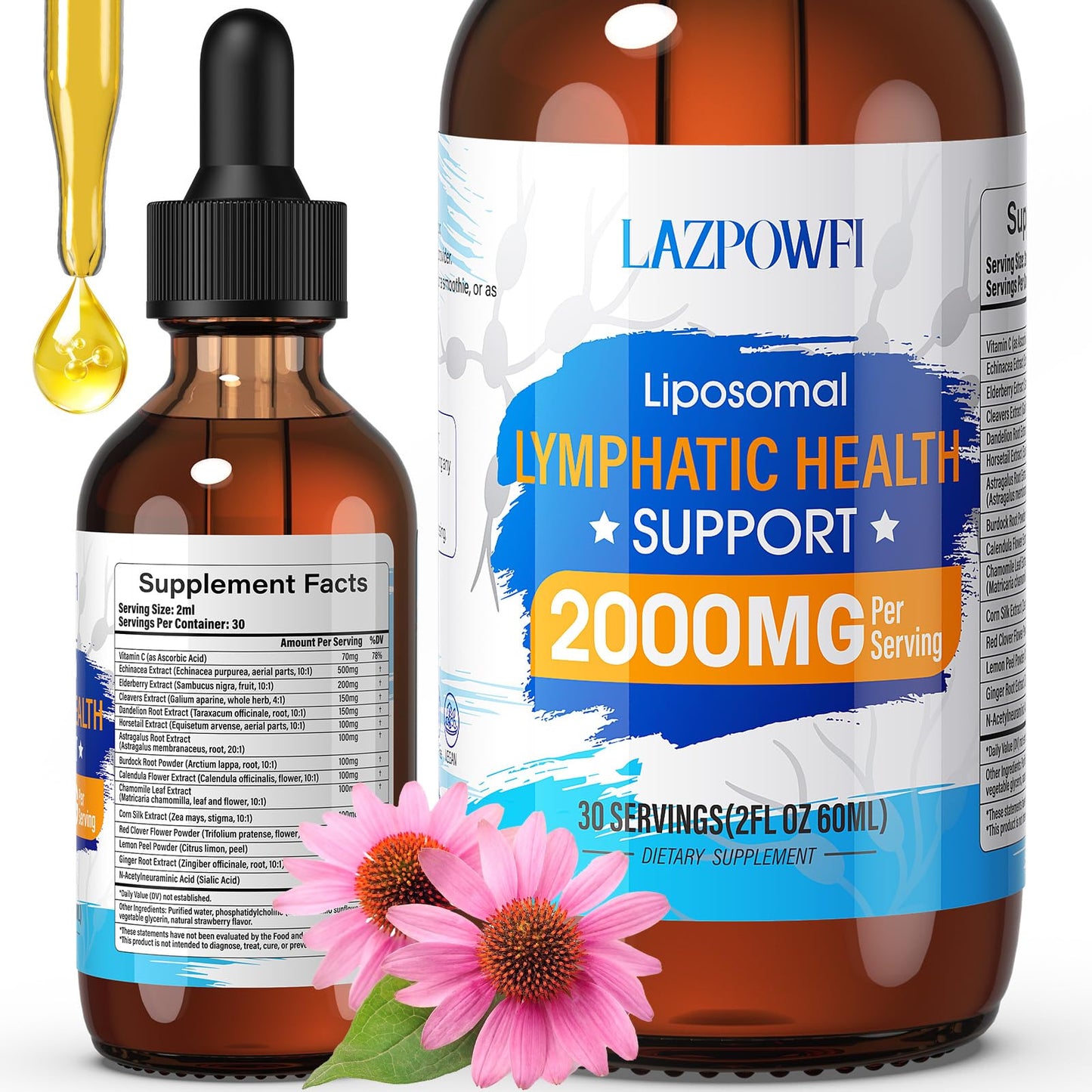 Lazpowfi Liposomal Lymph Drops 2000mg – Strawberry Flavor, 2 fl oz