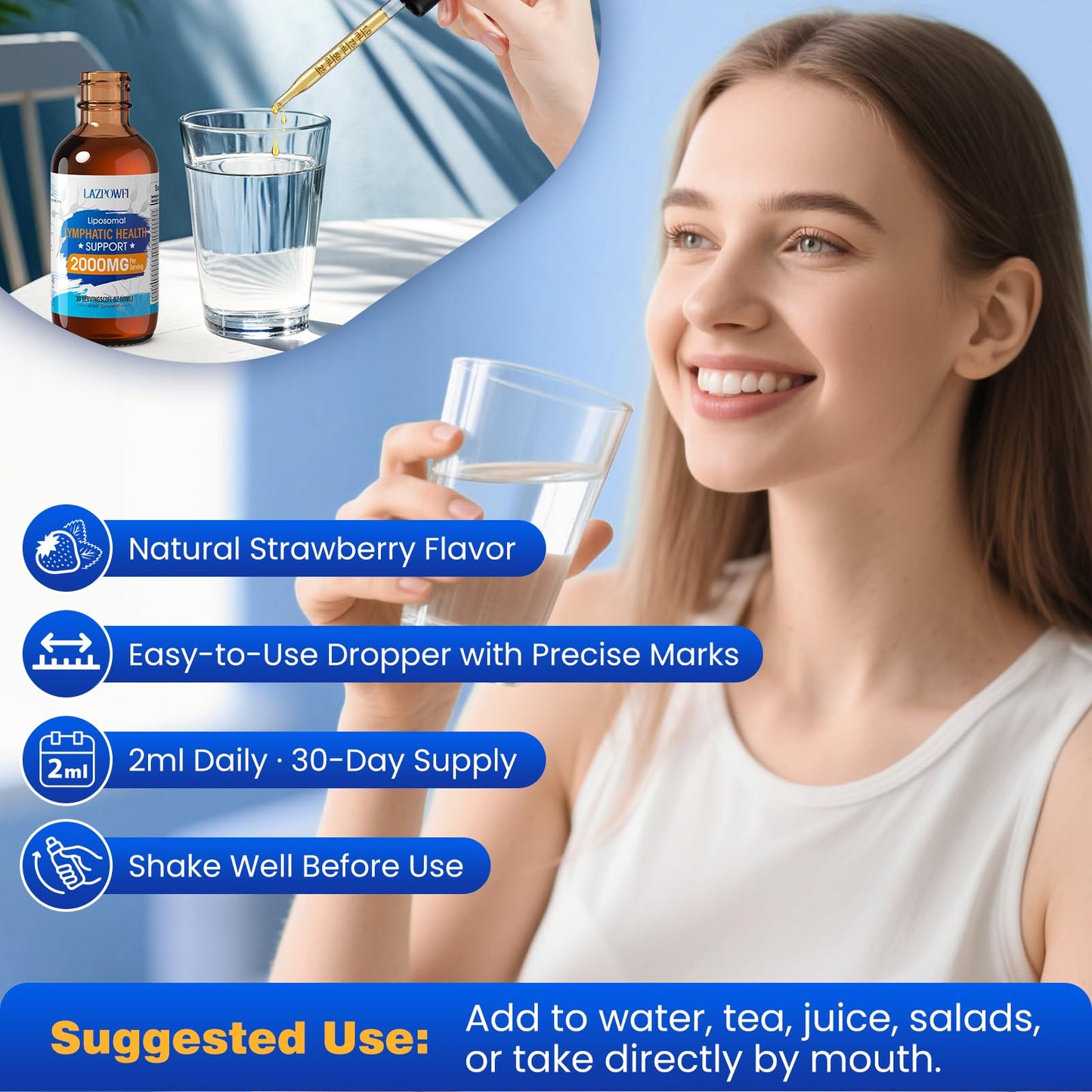 Lazpowfi Liposomal Lymph Drops 2000mg – Strawberry Flavor, 2 fl oz