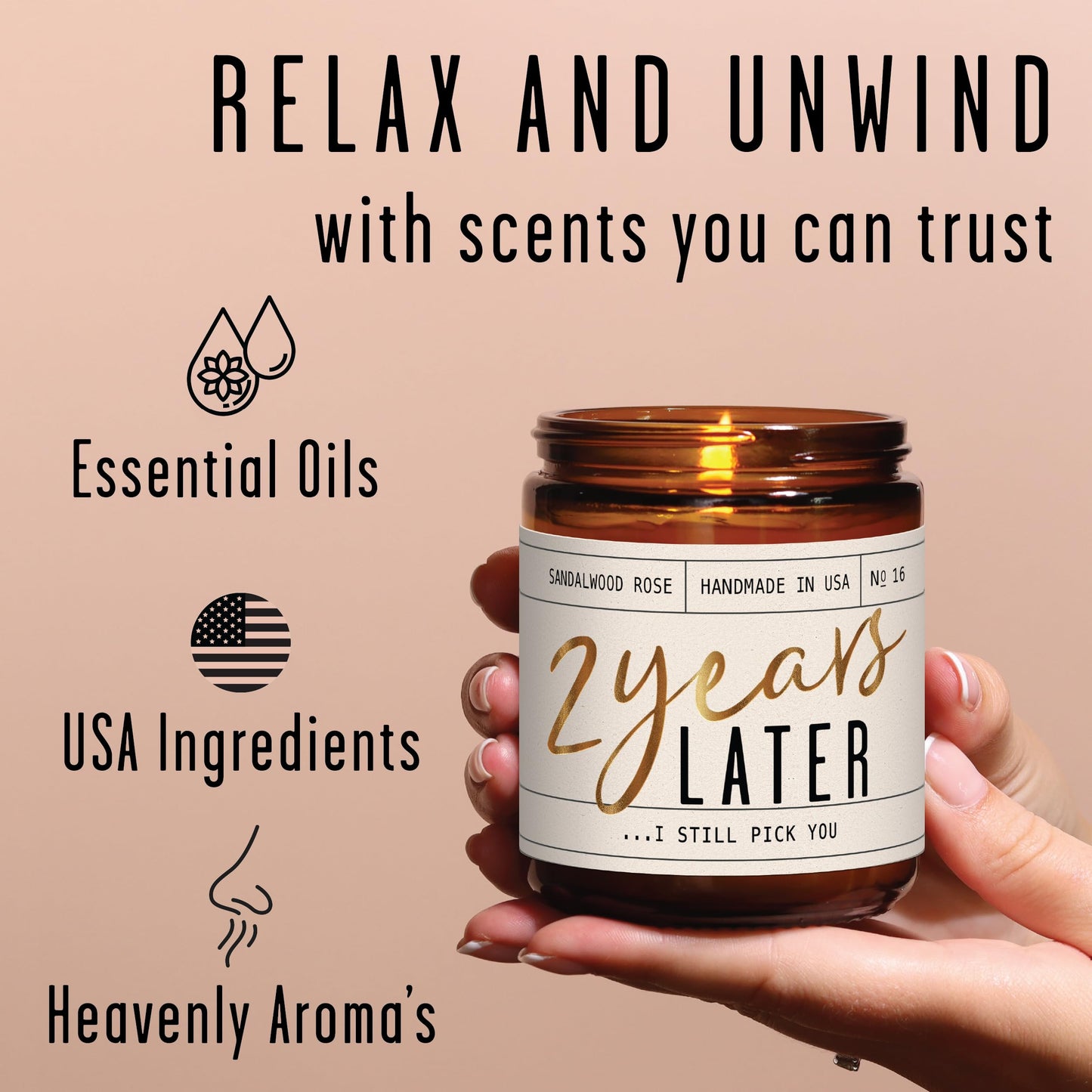 2 Year Anniversary Gift for Her – 2 Years Later Soy Candle, Sandalwood Rose, USA Made
