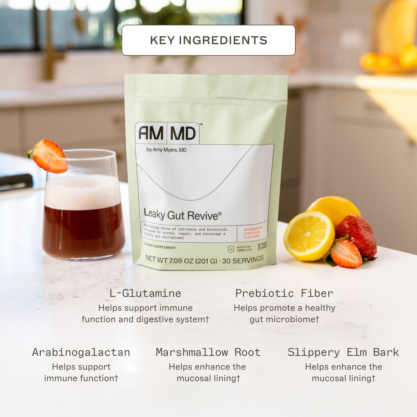 Amy Myers MD Leaky Gut Revive – Gluten-Free & Non-Dairy GI Support (Strawberry Lemonade, 30 Servings)