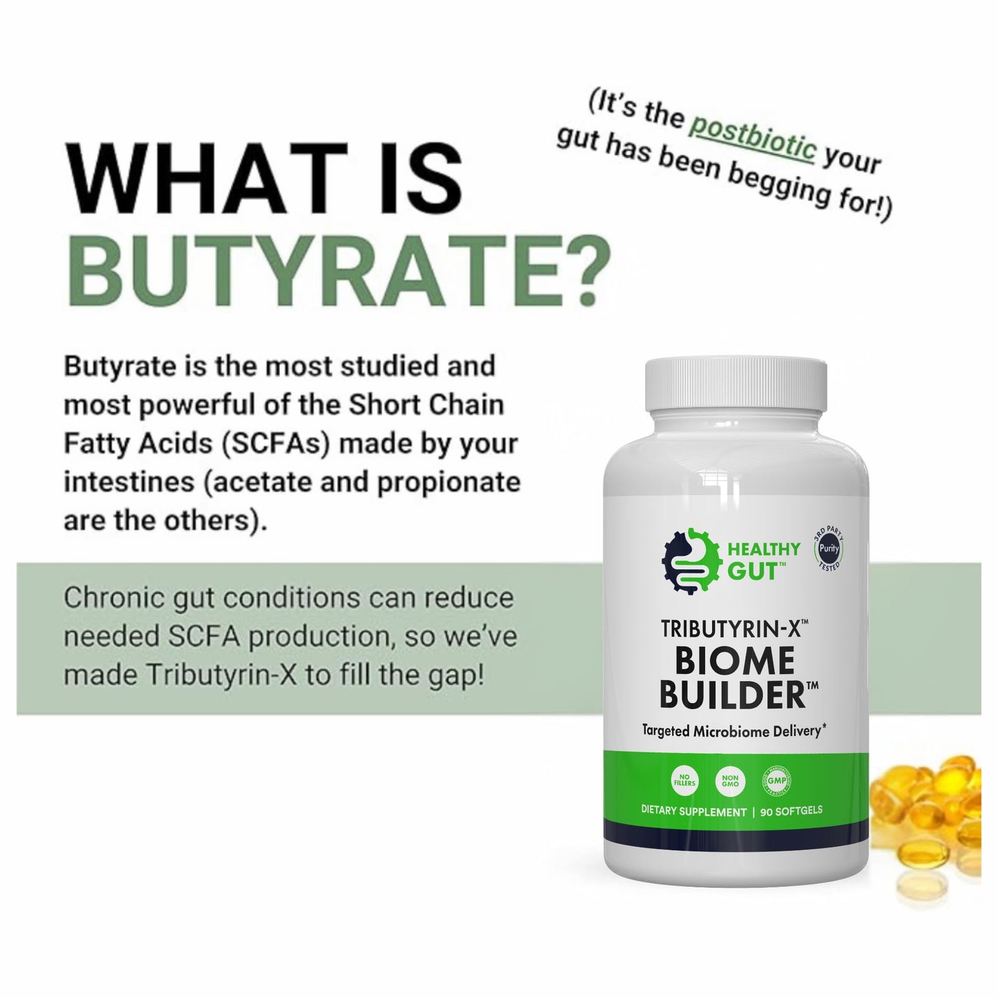 Healthy Gut Tributyrin-X | Most Bioavailable Butyrate Postbiotic for Gut Health & Leaky Gut Support | 99.9% Pure Odorless Softgels | 90 Softgels