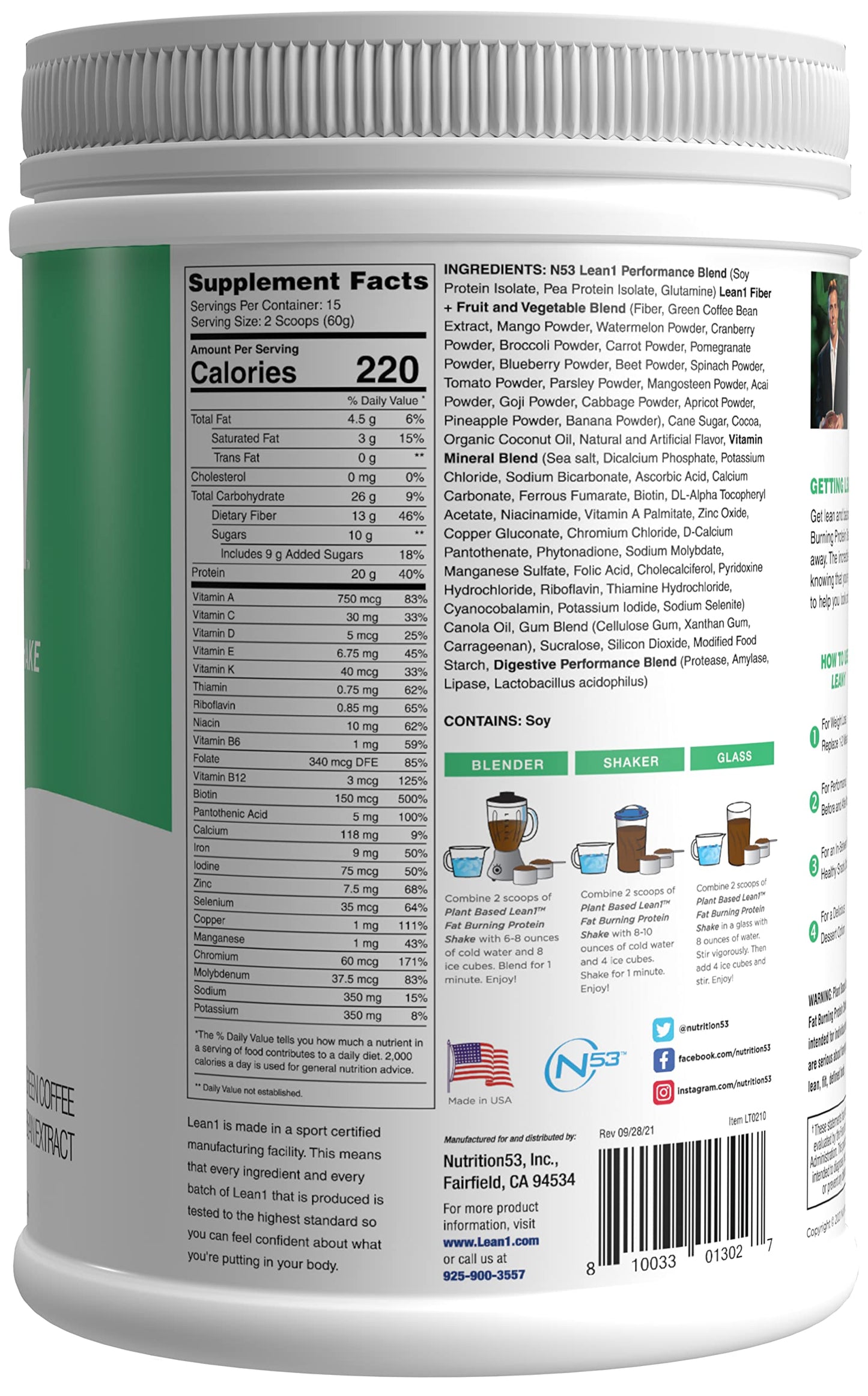 Lean1 Plant-Based Meal Replacement Protein Powder – Chocolate, 15-Serving Tub | Nutrition53