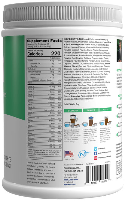 Lean1 Plant-Based Meal Replacement Protein Powder – Chocolate, 15-Serving Tub | Nutrition53
