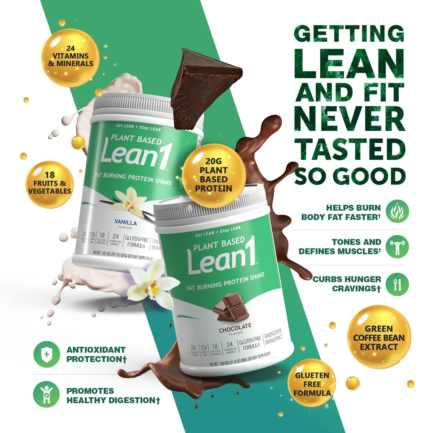 Lean1 Plant-Based Meal Replacement Protein Powder – Chocolate, 15-Serving Tub | Nutrition53