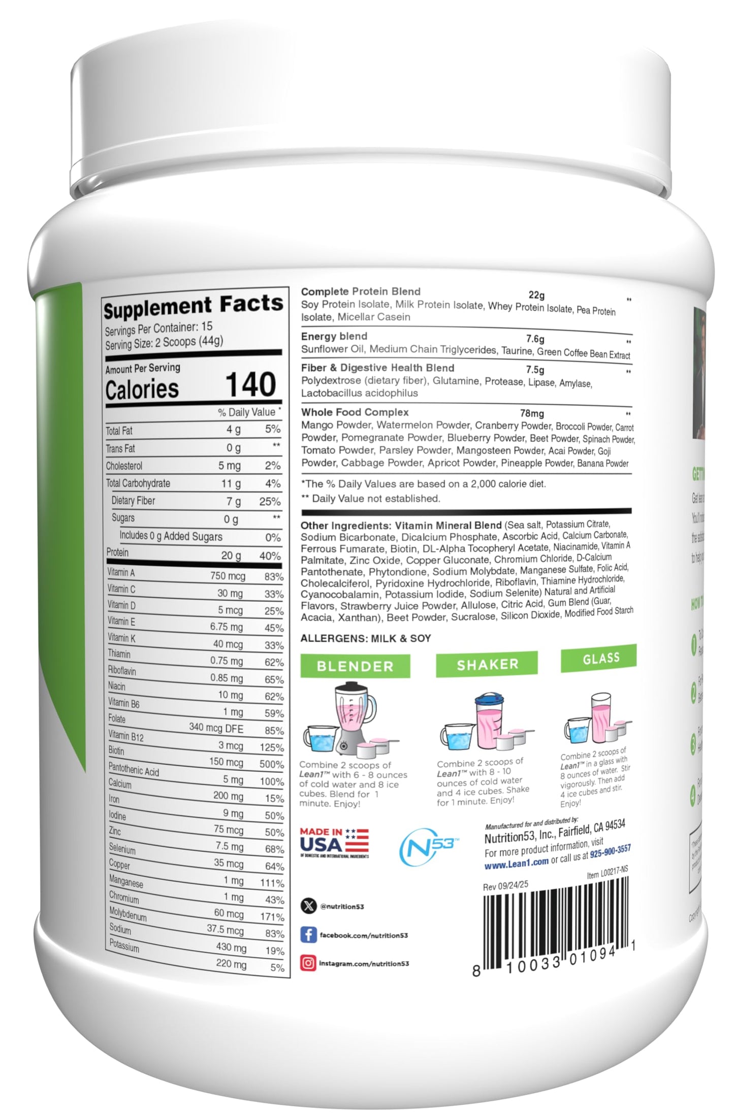 Lean1 Meal Replacement Protein Shake – Strawberry, 15 Servings | Vitamins, Digestive Support & Lean Muscle
