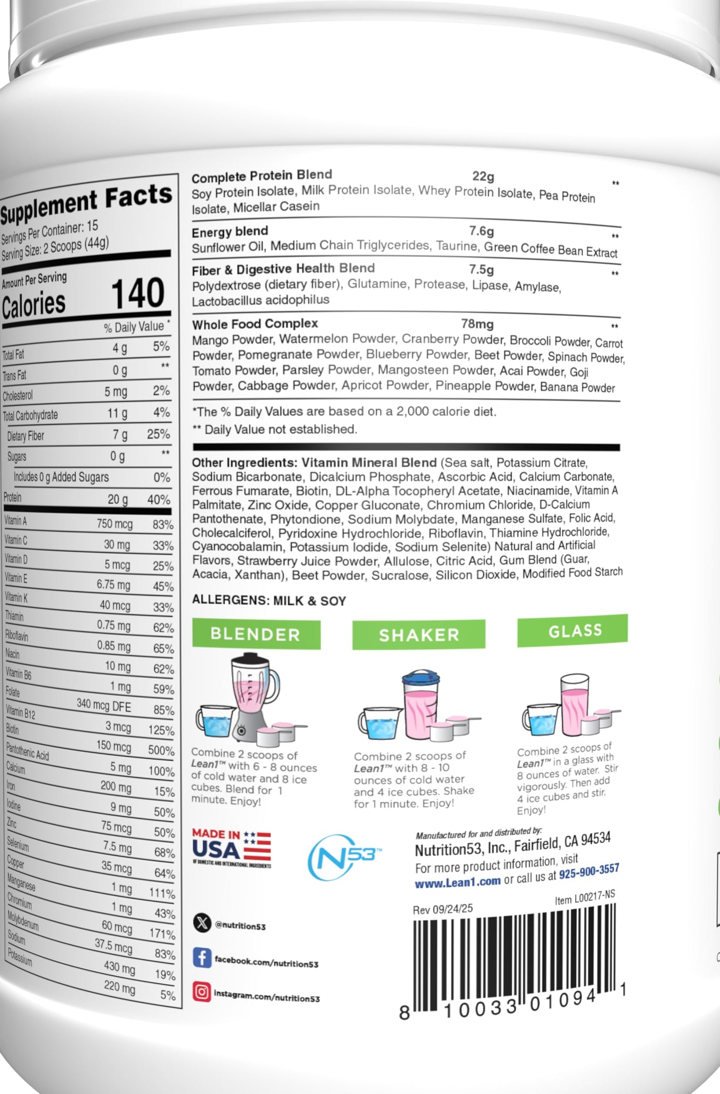 Lean1 Meal Replacement Protein Shake – Strawberry, 15 Servings | Vitamins, Digestive Support & Lean Muscle