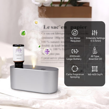 Lecdura Waterless Diffuser – Battery-Operated Essential Oil Diffuser with 3 Intermittent Mist Modes (Silver) for Home Office & Bedroom