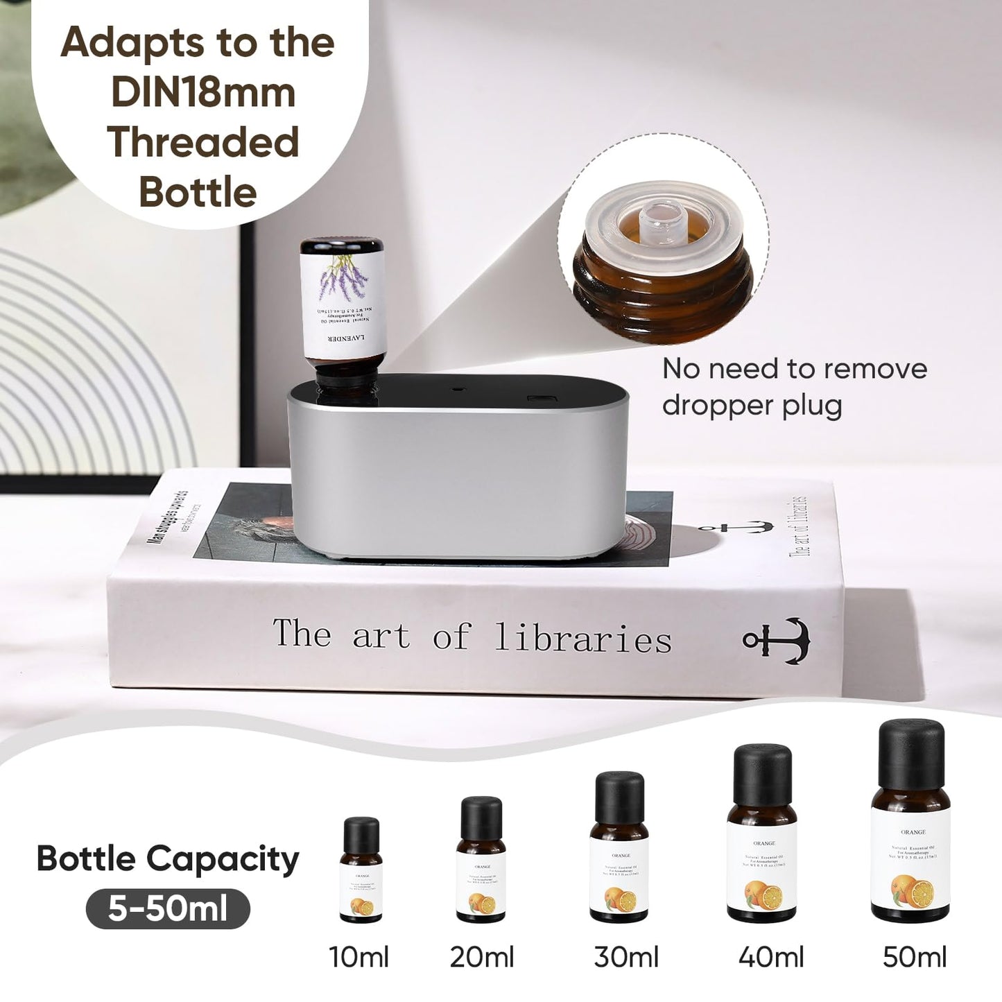 Lecdura Waterless Diffuser – Battery-Operated Essential Oil Diffuser with 3 Intermittent Mist Modes (Silver) for Home Office & Bedroom