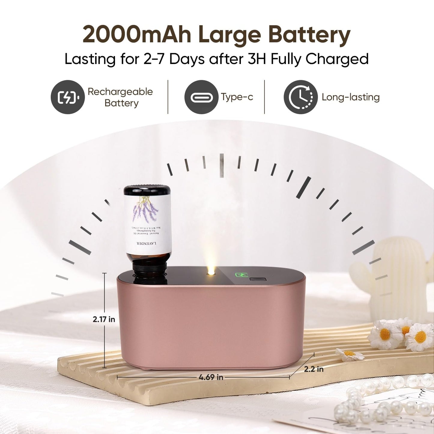 Lecdura Waterless Diffuser Rose Gold – Battery-Operated, 3 Intermittent Mist Modes