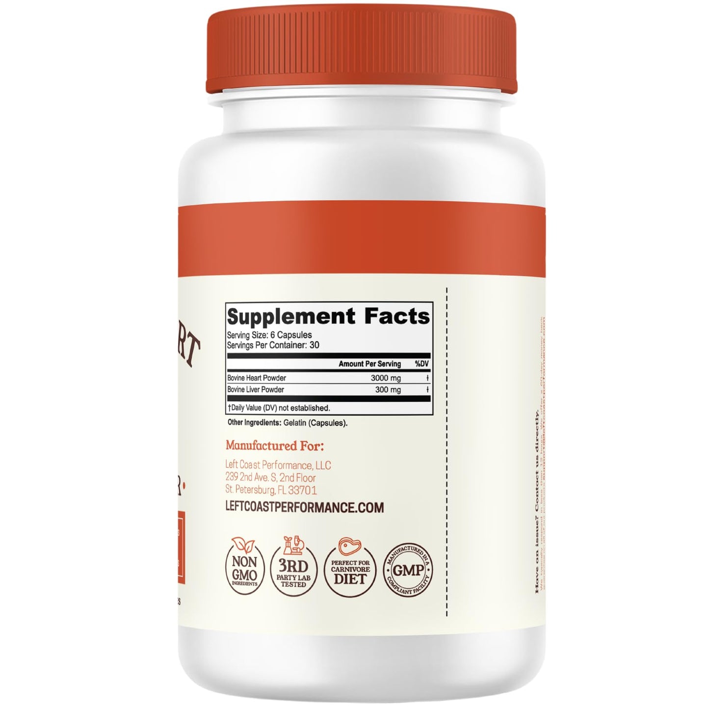 Left Coast Performance Grass-Fed Beef Heart & Liver Supplement | Pasture-Raised NZ | 180 Capsules