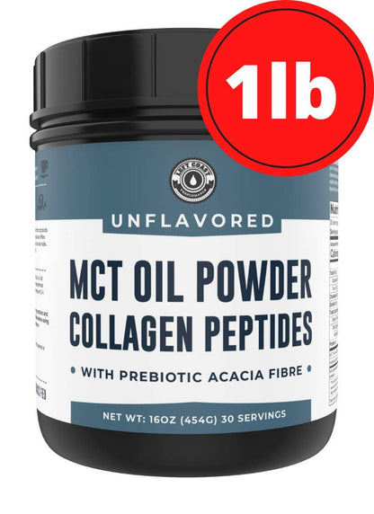 Left Coast Performance MCT Oil Powder with Acacia Fiber & Collagen Peptides – Prebiotic Collagen Protein, 10g MCTs from Coconut, Sugar Free Keto Coffee Creamer, Grass Fed, Unflavored, Gluten Free, 16 oz