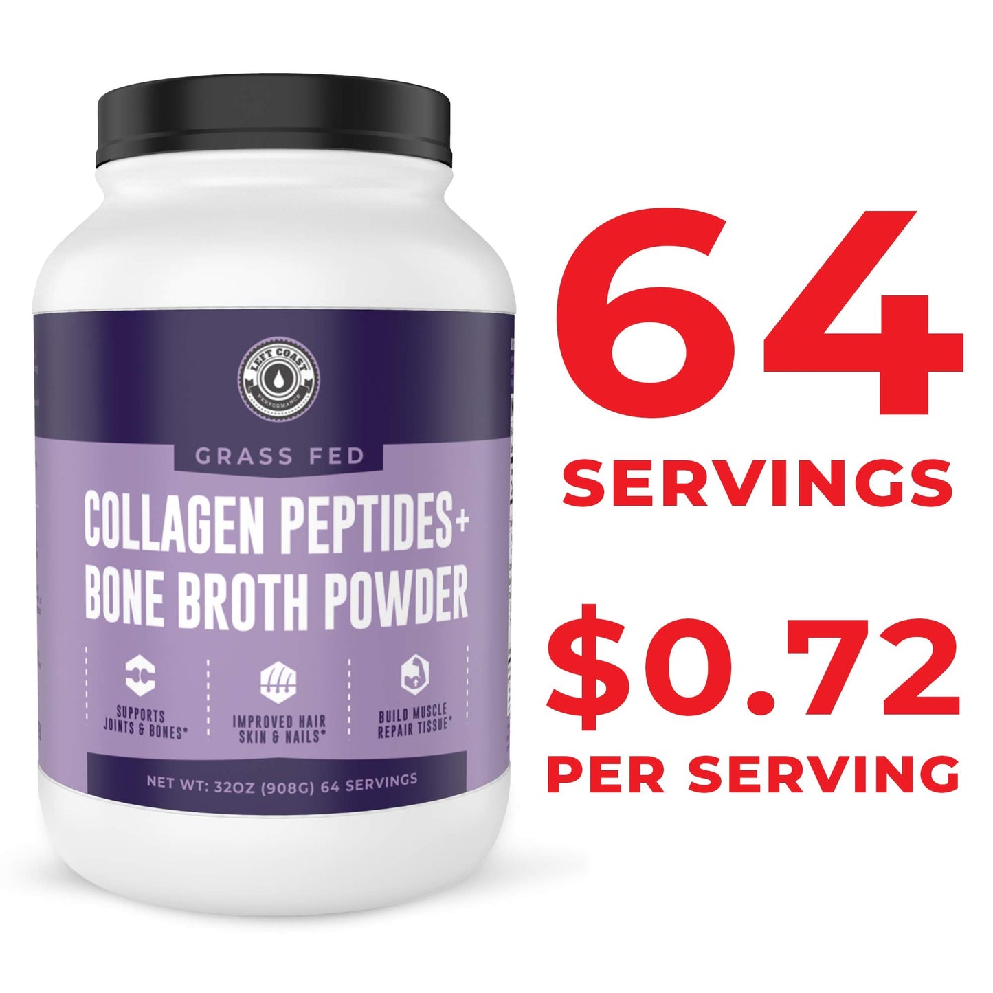 Left Coast Performance Collagen Bone Broth Powder – Grass-Fed, Unflavoured, 2lb (64 Servings)