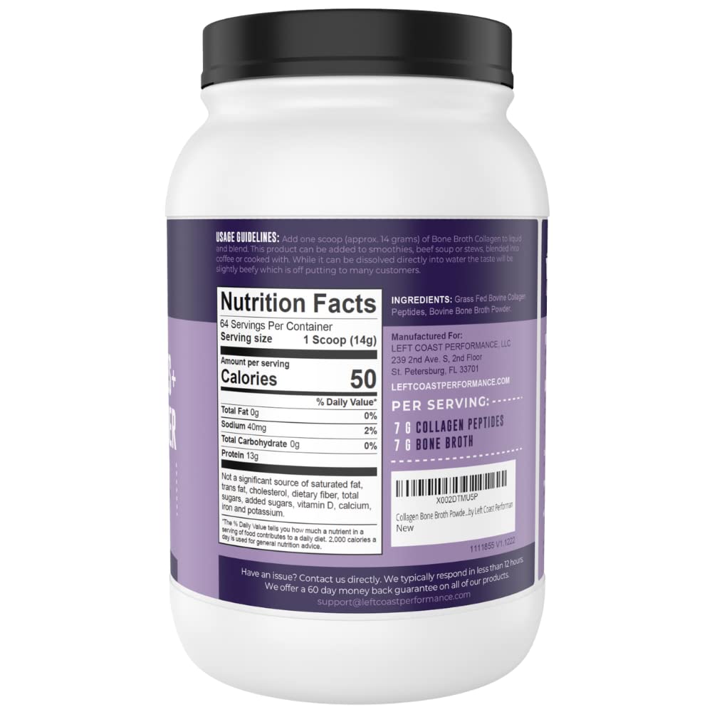 Left Coast Performance Collagen Bone Broth Powder – Grass-Fed, Unflavoured, 2lb (64 Servings)