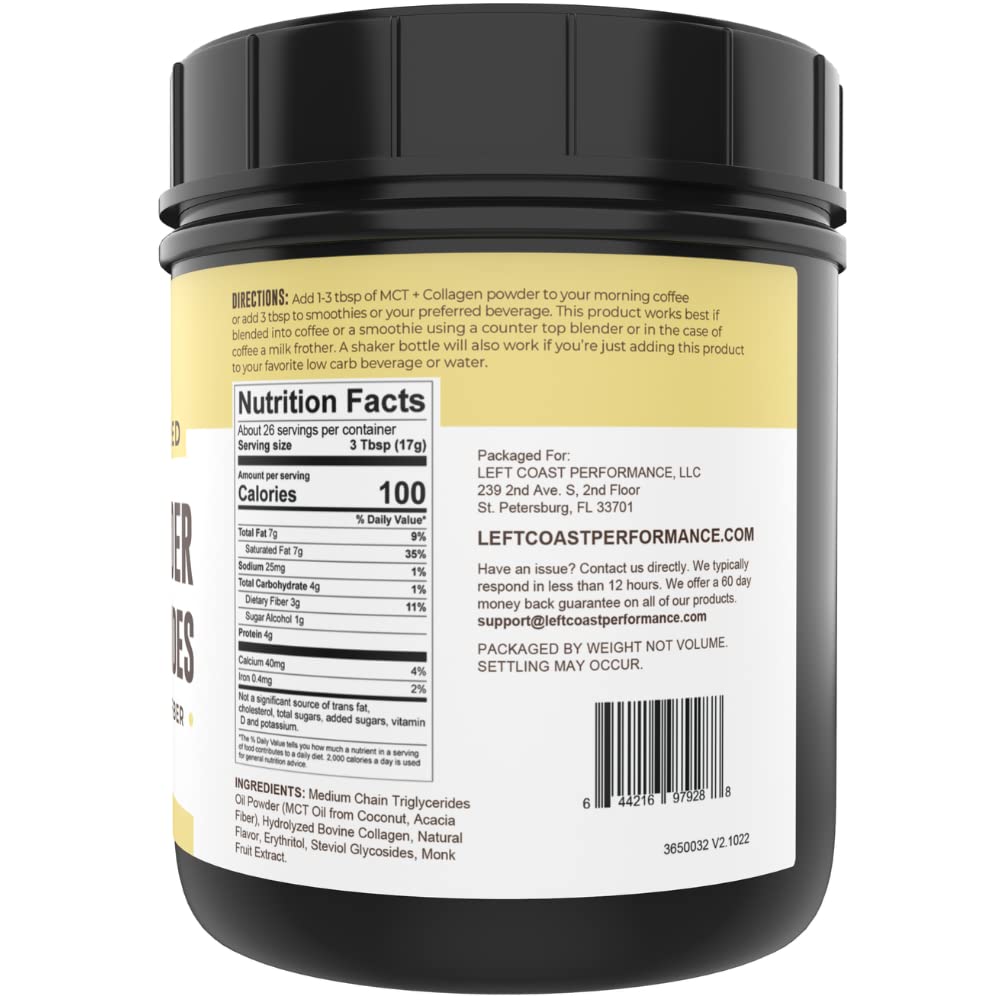 Left Coast Performance MCT Oil Powder with Acacia Fiber & Collagen – Vanilla, 16 oz