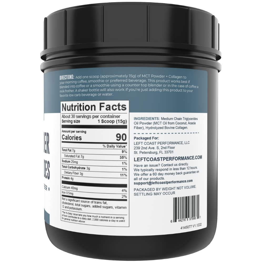 Left Coast Performance MCT Oil Powder with Acacia Fiber & Collagen Peptides – Prebiotic Collagen Protein, 10g MCTs from Coconut, Sugar Free Keto Coffee Creamer, Grass Fed, Unflavored, Gluten Free, 16 oz