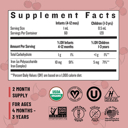 Legendairy Milk Organic Liquid Iron for Kids – Sugar Free Cherry, 60 Servings (Ages 4 Months to 3 Years)