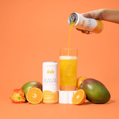 LEILO Tangerine Mango Kava Sparkling Drink – 12-Pack Non-Alc Calming Beverage