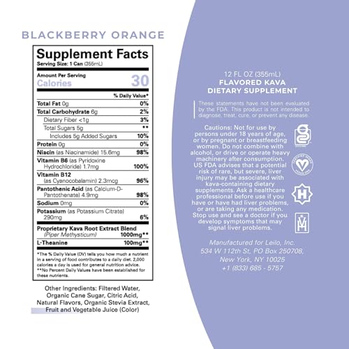 LEILO Kava Powered Sparkling Relaxation Drink – Blackberry Orange 12-Pack | Non-ALC Calming Beverage | 12 fl oz Cans